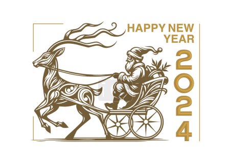 Ilustración de Feliz Año Nuevo 2014 diseño con Santa Claus montar a caballo dibujado carro de oro vector de lujo simple tarjeta de felicitación diseño de ilustración - Imagen libre de derechos