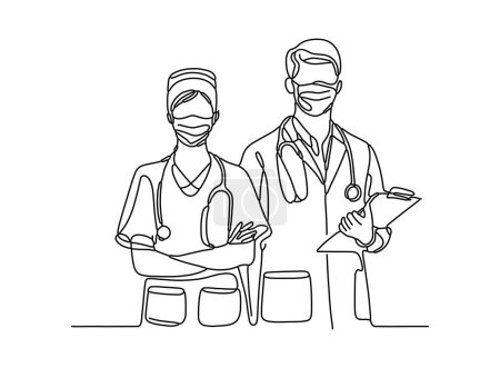 World Health Day continuous line drawing one line sketch vector art design Doctor and nurse with stethoscope on white background. Vector illustration.