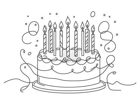 continuous line drawing of a birthday cake with candles one line creative idea greeting card illustration black outline on white background