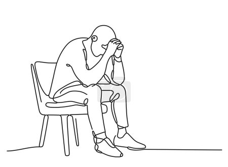 Continuous one line drawing of a sad man sitting on a chair and crying  deep thinking depressed solving problem editable line stroke illustration 