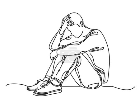 Continuous one line drawing of a sad man sitting on the floor and crying  deep thinking depressed solving problem editable line stroke illustration abstract drawing art