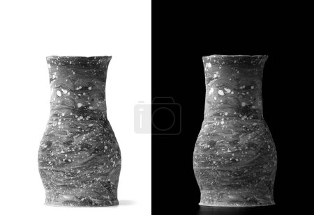 Photo for Handmade clay vase on black and white background. Pottery. Clay vase for flowers with hand-painted on isolation. Ceramic handicrafts. Clay household items. - Royalty Free Image