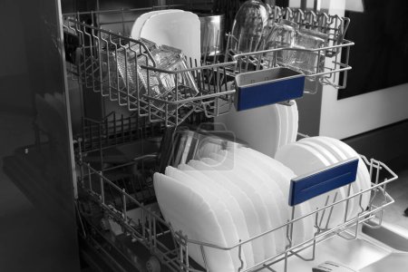 Photo for Built-in dishwasher in the kitchen with the door open and clean dishes inside. Clean white plates, saucepan, glasses are stacked inside the dishwasher. Household appliances for the kitchen. - Royalty Free Image