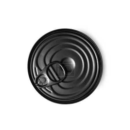 Foto de Lata cerrada redonda negra aislada sobre fondo blanco, conservas de alimentos, conserva vista superior. - Imagen libre de derechos