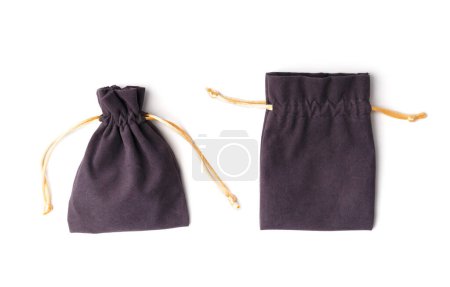 Photo for Two gray soft fabric bags with a drawstring open and closed isolated on a white background, top view. - Royalty Free Image
