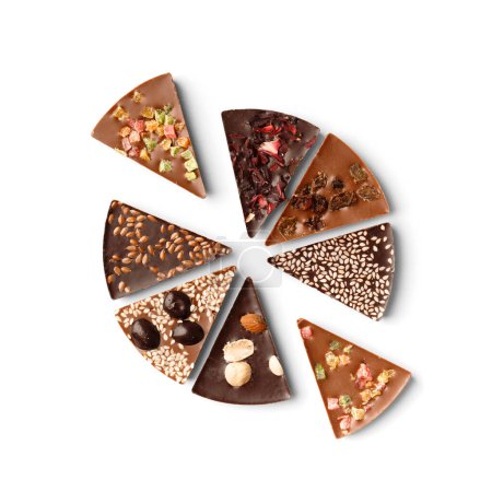 Photo for Chocolate pizza made of black and milk chocolate with candied fruits, nuts, raisins on a white background top view. Chocolate dessert in the form of pizza with different toppings. - Royalty Free Image