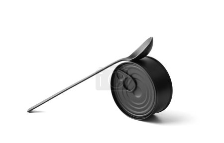 Foto de Latón negro mate redondo cerrado y cuchara negra sobre fondo blanco aislado, conservas, conservas. - Imagen libre de derechos