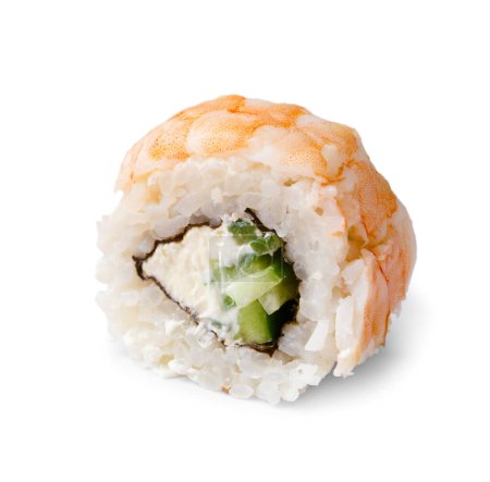 Photo for Roll with shrimp, rice, soft cheese and cucumber close-up isolated. Asian delicacy - Royalty Free Image