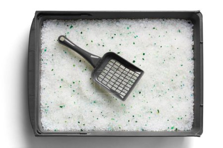 Photo for Cat litter box, gray tray filled with silica gel crystals and a cleaning shovel on a white background, top view. Pet care, pet hygiene. - Royalty Free Image