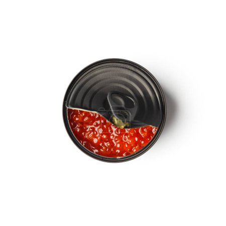 Photo for Red salmon caviar in an open black tin can on a white background top view. Useful delicacy seafood, canned fish. - Royalty Free Image