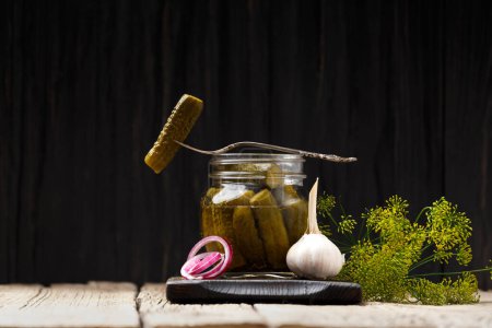 Photo for Canned cucumbers in an open jar, one gherkin on a vintage fork lies on top, dark background. - Royalty Free Image