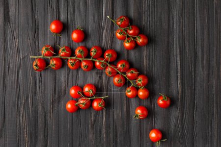 Foto de Tomates cherry en ramas sobre un fondo de madera oscura, vista superior. Tomates cherry frescos sobre un fondo texturizado. Verduras orgánicas, veganismo. - Imagen libre de derechos