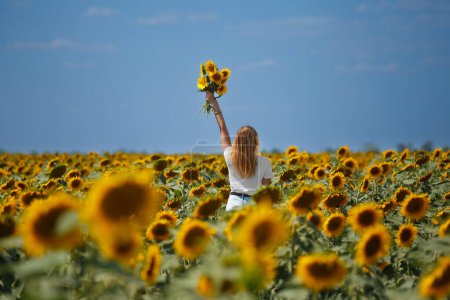 Photo for The girl stands in a field of sunflowers, raising her hand with a bouquet of sunflowers. - Royalty Free Image
