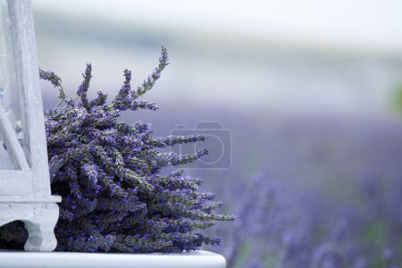 Photo for A large bouquet of lavender flowers on a white table against the backdrop of a lavender field - Royalty Free Image