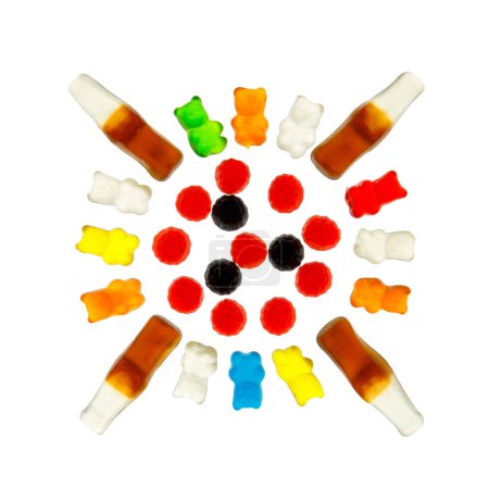 Photo for Mix of multi-colored jelly candies in the form of bears, bottles of cola, berries on a white background, top view. - Royalty Free Image