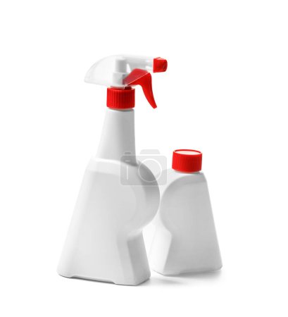 Photo for Set of white plastic bottles with household chemicals, detergents and cleaning products, isolated on a white background. Detergents in various packages. The concept of cleaning, clean home. - Royalty Free Image