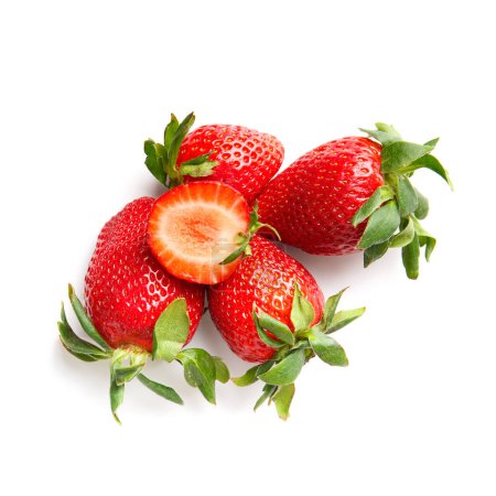 Photo for Fresh whole strawberries and half cut strawberries isolated on white background top view. - Royalty Free Image