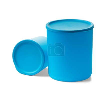 Photo for Blue round plastic food storage container with an airtight lid, isolated on a white background. Eco-friendly plastic container to keep food fresh. - Royalty Free Image
