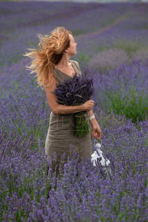 Téléchargez les photos : Une fille avec un bouquet de fleurs de lavande et une lanterne vintage dans un champ de lavande, les cheveux de la fille flottent dans le vent. - en image libre de droit