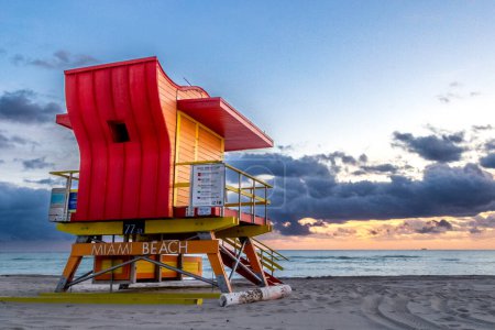 Photo for Lifeguard tower at sunset on the sea beach - Royalty Free Image