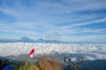 Photo for Top mountain view with sunrise sky blue and beautiful scene. The photo is suitable to use for adventure content media, nature poster and forest background. - Royalty Free Image