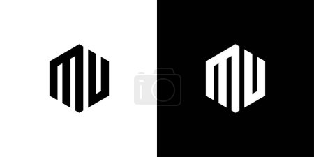 Buchstabe M U Polygon, sechseckiges minimales Logo-Design auf schwarzem und weißem Hintergrund