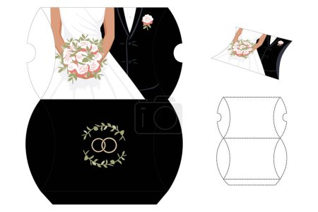 Illustration for Bride and Groom candy die cut box. Printable wedding pillow packaging. Fast and easy fold. Vector eps10. Flat style - Royalty Free Image