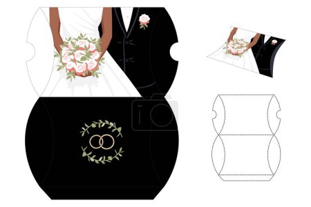 Illustration for Black Bride and Groom candy die-cut box. Printable wedding pillow package. Fast and easy fold. Vector eps10. Flat style - Royalty Free Image