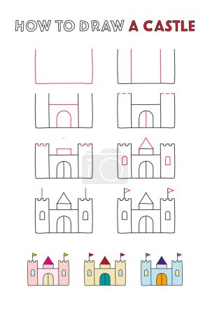 Wie man eine Burg zeichnet. Schritt für Schritt Anleitung zum Zeichnen. Einfaches Lernspiel. Vektorillustration