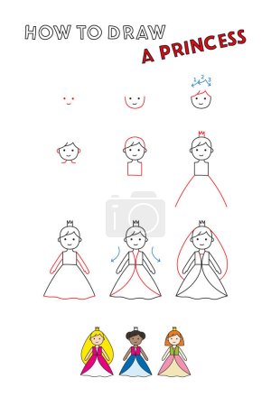 Illustration for How to draw a princess. Step by step drawing tutorial. Simple educational game for children. Doodle. Vector illustration - Royalty Free Image