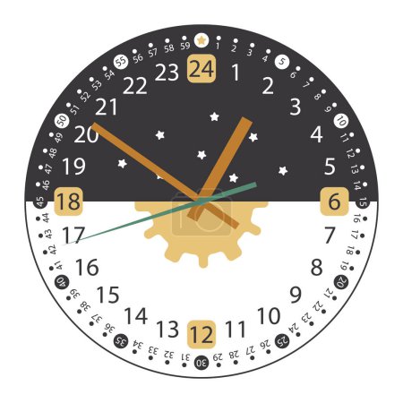 Illustration for 24 Hours Clock Face with arrows. Full day clock. Black white and gold. Cute design with sun and stars. Vector illustration isolated on white - Royalty Free Image