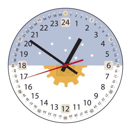 Illustration for 24 Hours Clock Face with arrows. Full day clock. Day and night. Cute design with sun and stars. Vector illustration isolated on white - Royalty Free Image