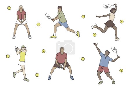 Illustration for Group of tennis players different poses and personalities. Cartoon style, vector illustration isolated on white background - Royalty Free Image