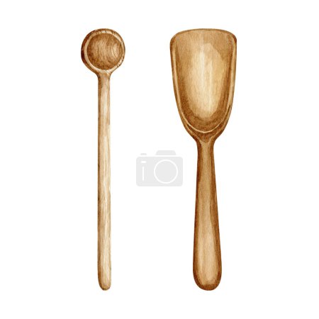 Watercolour coffee spoon illustrations. Kitchen utensils coffee wooden spoon. High quality hand drawn illustrations.