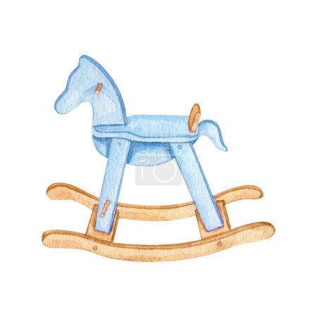Watercolor baby rocking horse clipart illustration. Childhood collection. High quality hand drawn wooden baby toy clipart.
