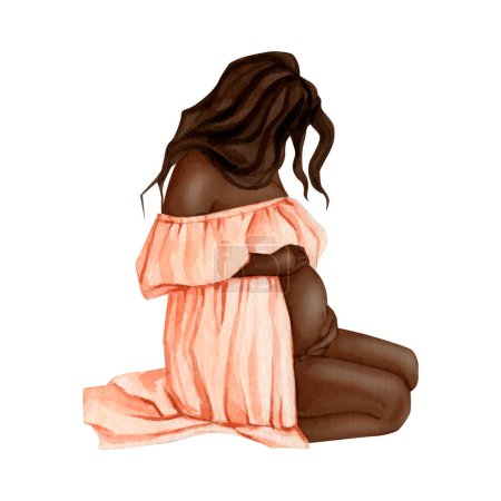 Acuarela embarazada afroamericana mujer clipart. Colección de acuarela prefabricada. Clipart de maternidad. Maternidad ilustración pintada a mano de alta calidad. 