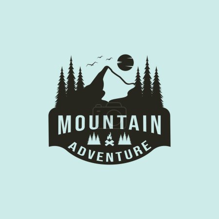 Foto de Logo de montaña vintage con diseño de ilustración de vector de bosque y luna - Imagen libre de derechos