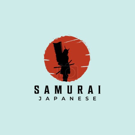 Foto de Logotipo de pie Samurai diseñado en gráficos vectoriales de salida del sol. Logo de Samurai de pie diseñado en gráficos vectoriales al atardecer. - Imagen libre de derechos