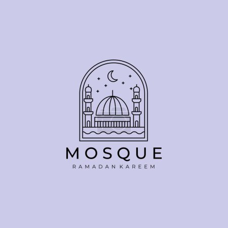 Téléchargez les illustrations : Étiquette minimaliste de Mosquée Moslem Line Art Vector Logo, Illustration Conception du Ramadan Moubarak Concept islamique - en licence libre de droit