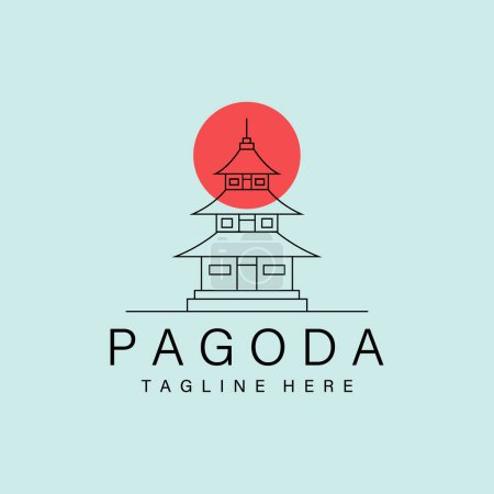 Foto de Línea de arte logotipo de pagoda con el símbolo del vector del sol diseño de ilustración - Imagen libre de derechos
