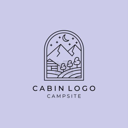 Foto de Bosque cabaña línea arte logo vector ilustración diseño, diseño de logotipo minimalista al aire libre - Imagen libre de derechos