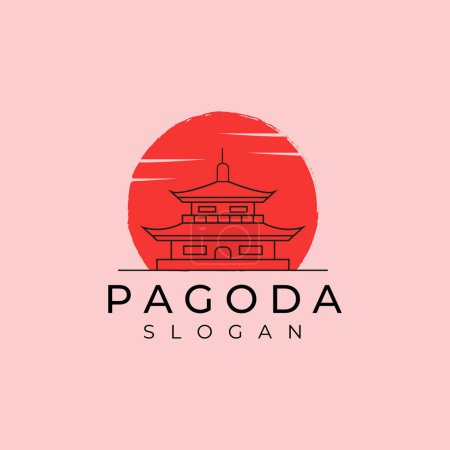 Foto de Línea arte pagoda logo diseño vectorial minimalista con sol - Imagen libre de derechos