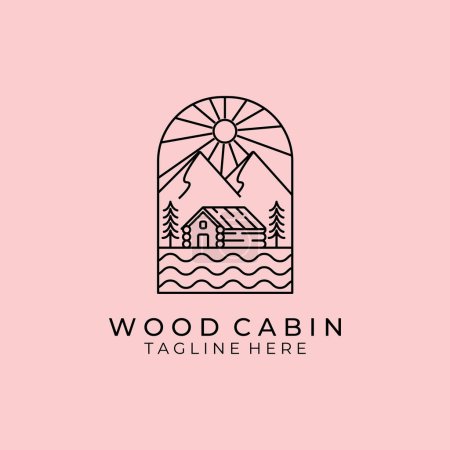 Foto de Emblem of Cabin Cottage Line Art Minimalist Logo Mountain Sunburst Vector Illustration Lake River Wave Design - Imagen libre de derechos