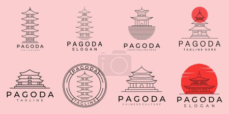 Foto de Conjunto de diseño de ilustración de símbolo de vector de logotipo de línea de vector de pagoda, diseño de logotipo de paquete de casa tradicional - Imagen libre de derechos