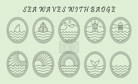 Téléchargez les illustrations : Jeu de logo océan ligne art vecteur minimaliste design, océan paysage icône symbole vectoriel illustration design - en licence libre de droit