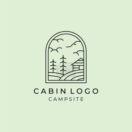 Foto de Línea de madera cabaña arte logotipo vector ilustración diseño, diseño de logotipo minimalista al aire libre - Imagen libre de derechos