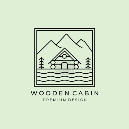 Foto de Casa moderna cabaña cabaña logo vector icono línea arte simple ilustración diseño marco logotipo emblema madera bosque cabaña - Imagen libre de derechos