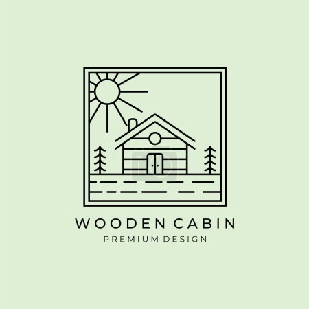 Foto de Cabaña de madera bosque campamento logotipo vector icono línea arte ilustración simple diseño marco logotipo emblema cabaña - Imagen libre de derechos