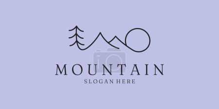 Foto de One line logo of mountain tree and sun icon vector illustration simple minimalist design - Imagen libre de derechos