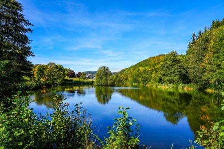 Foto de Naturaleza verde en un estanque cerca de Willingen. Vista del lago con el paisaje circundante en el Sauerland. - Imagen libre de derechos